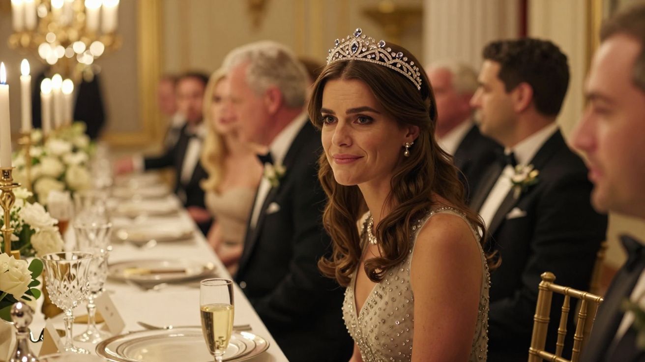 Mulher com tiara e vestido elegante sentada em jantar formal com outras pessoas ao fundo, ambiente luxuoso.
