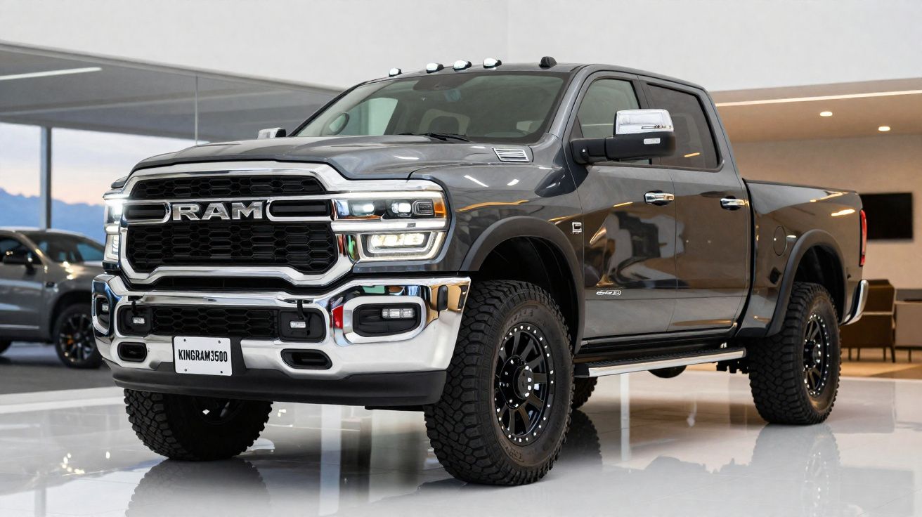 Picape RAM preta com detalhes cromados exibida em showroom moderno e iluminado.