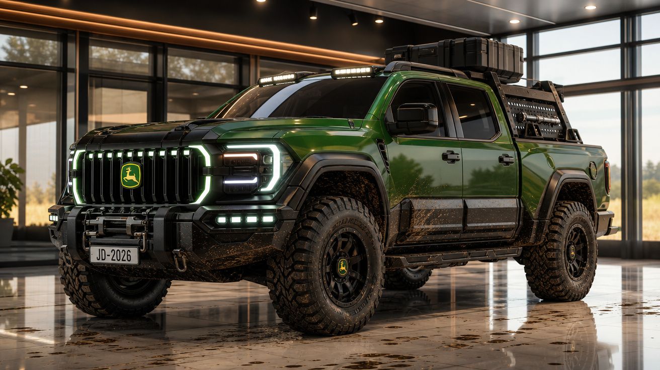 Picape verde com pneus off-road, bagageiro equipado e detalhes iluminados, em ambiente interno moderno.