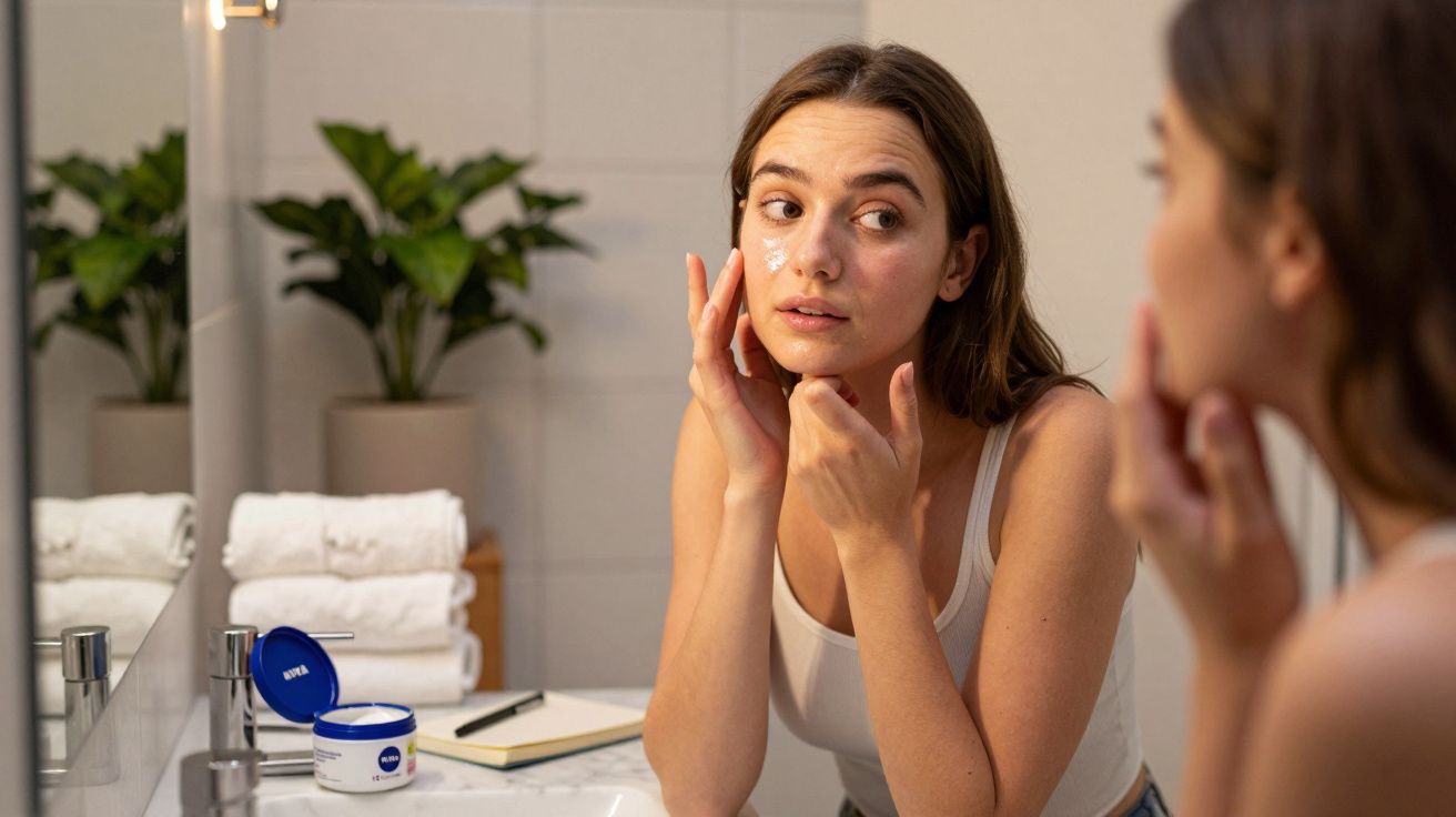 Mulher aplicando creme facial com manchas no rosto em frente ao espelho no banheiro.