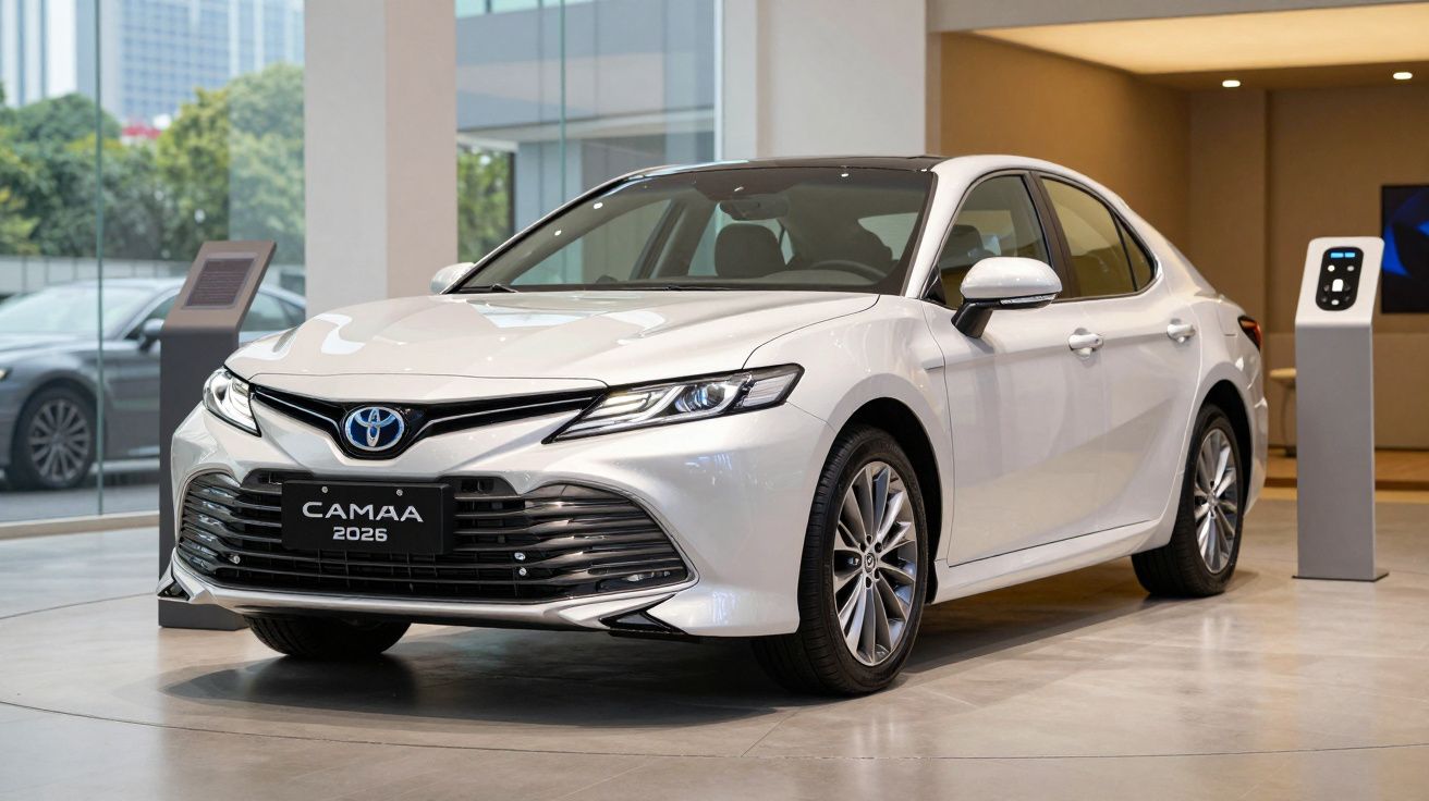 Carro sedan branco Toyota Camaa 2026 exposto em showroom com iluminação interna moderna.