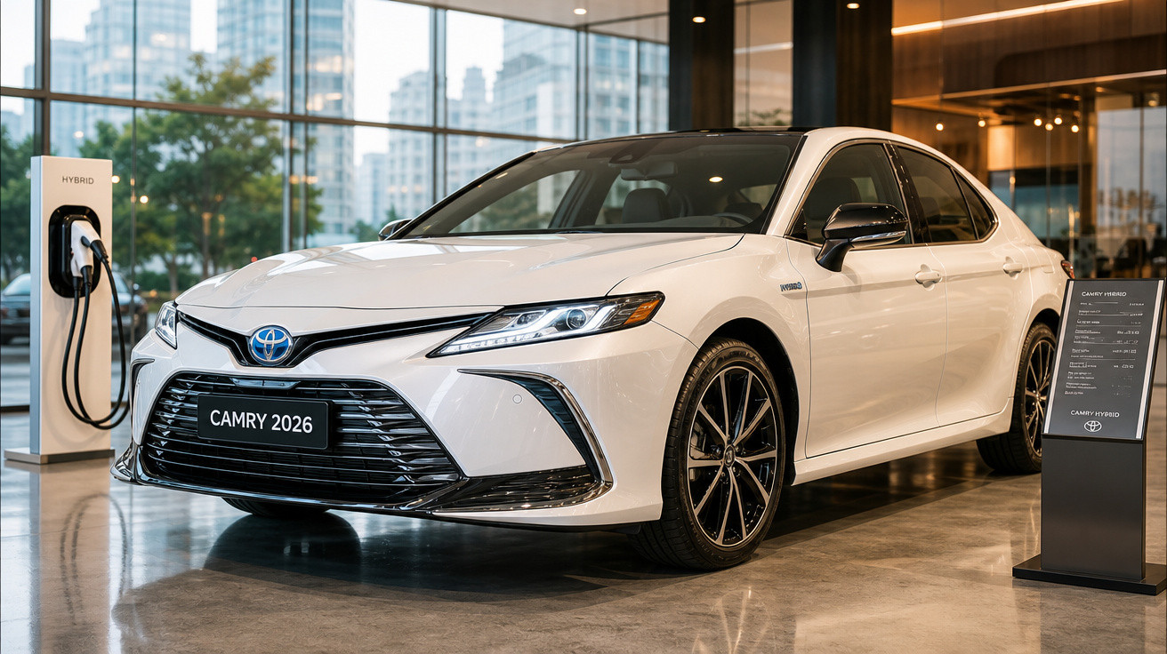 Carro Toyota Camry 2026 branco híbrido exposto em showroom moderno e iluminado.