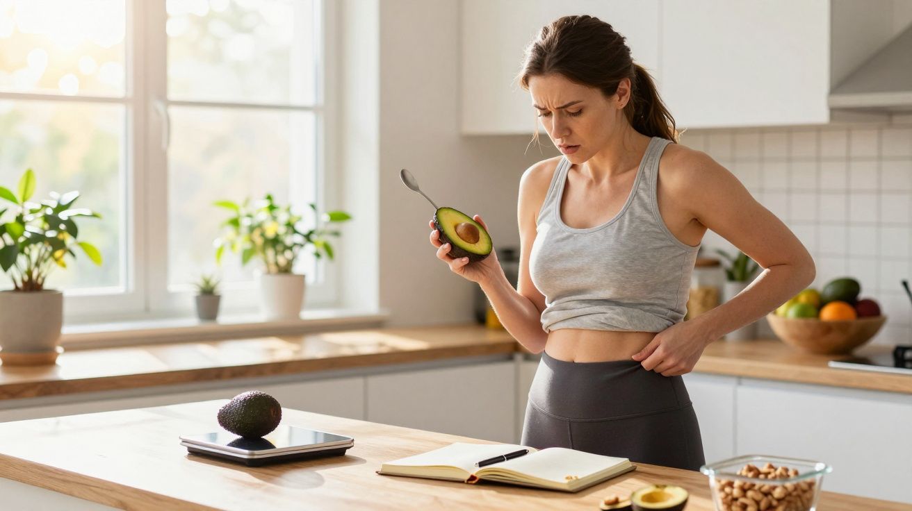 Mulher em roupa esportiva segura abacate e olha preocupada para barriga na cozinha iluminada.