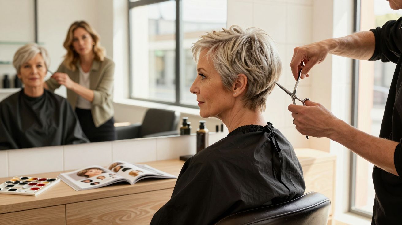 Mulher loira de cabelos curtos recebendo corte de cabelo em salão moderno com espelho e revistas na bancada.