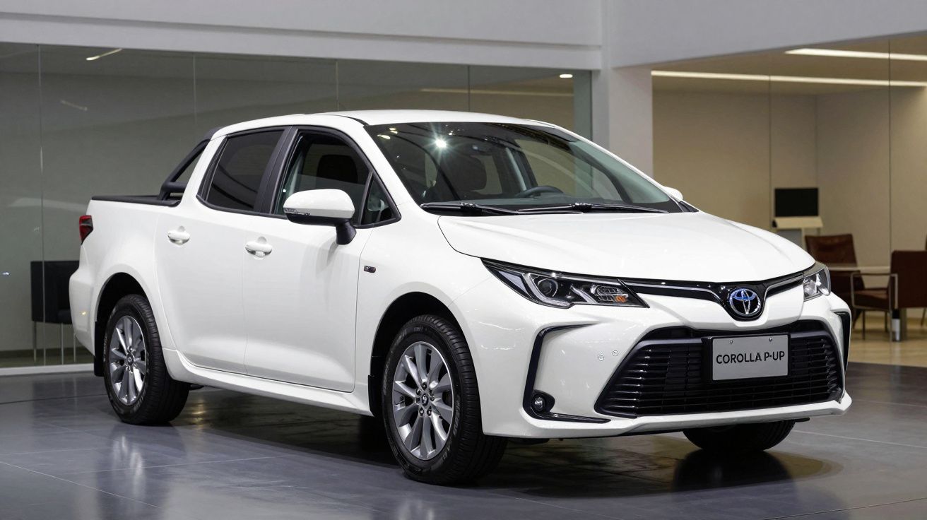 Picape Toyota Corolla P-Up branca estacionada em ambiente interno moderno.