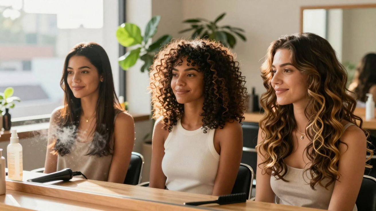 Três mulheres sorrindo sentadas lado a lado em salão de beleza, com espelho e produtos ao redor.