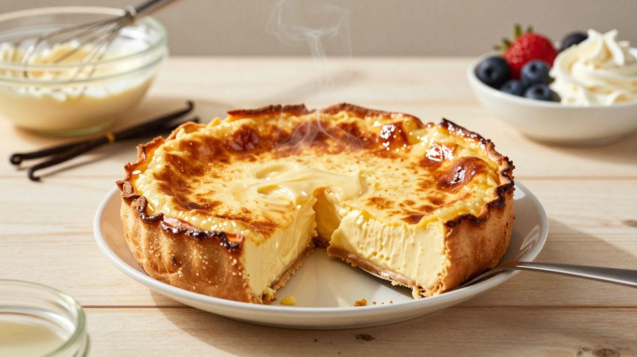 Torta de creme quente com pedaço cortado em prato branco sobre mesa clara, ao fundo bowl com frutas e chantilly.
