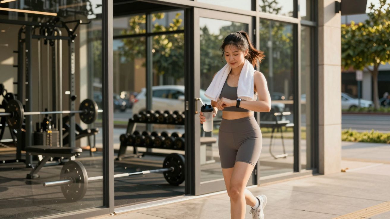 Mulher jovem com roupa esportiva e toalha branca caminhando em frente à academia, segurando garrafa e olhando relógio.