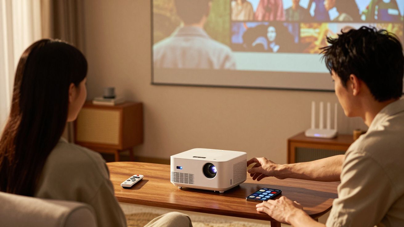 Casal assistindo a projeção de filme em parede com projetor branco sobre mesa de madeira.