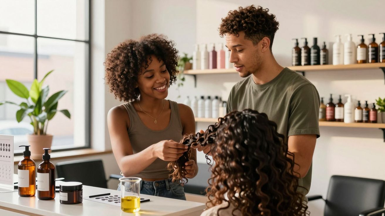 Dois profissionais analisam cabelo cacheado de cliente em salão moderno com produtos na prateleira.