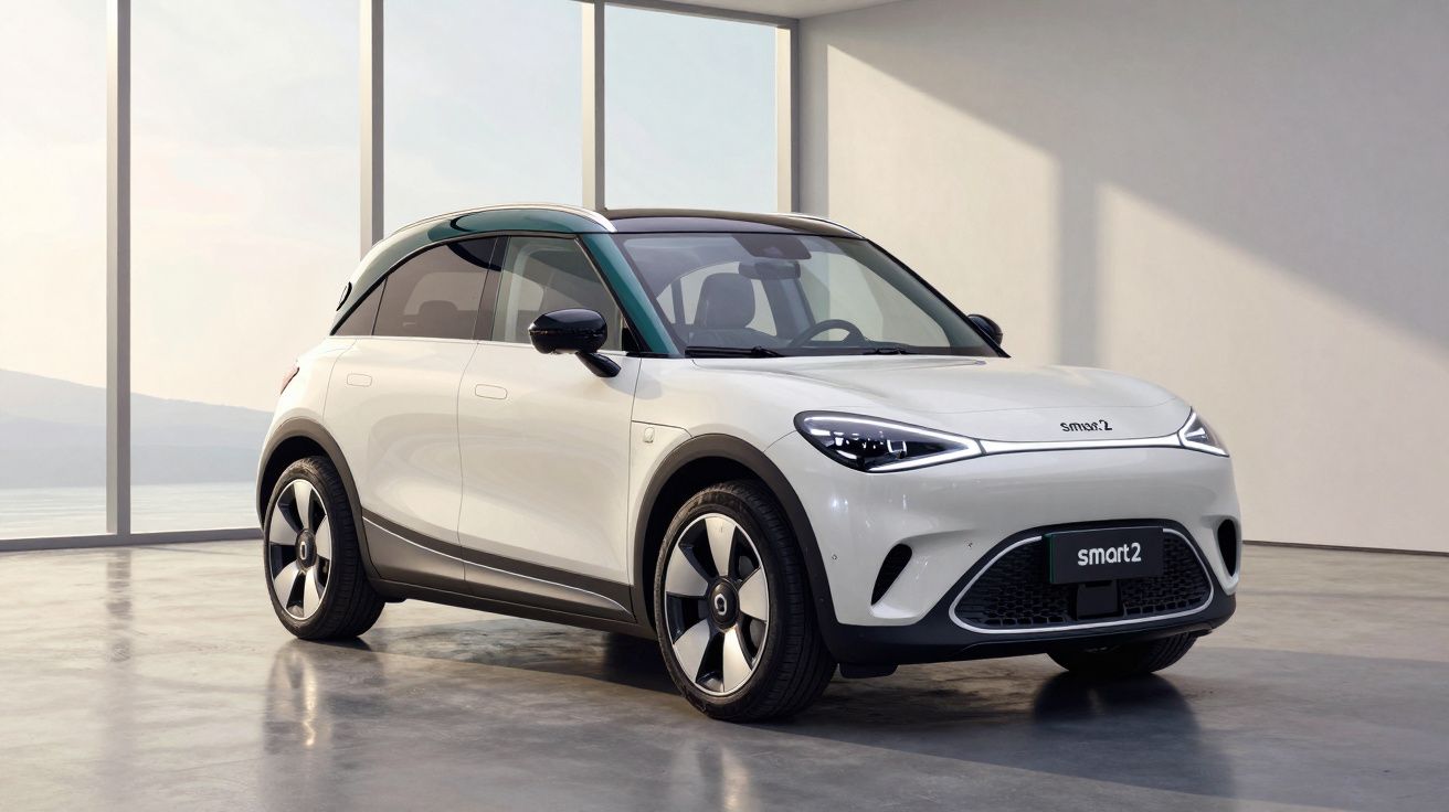 Carro elétrico compacto branco Smart 2 estacionado em ambiente interno com janela ampla e vista externa.