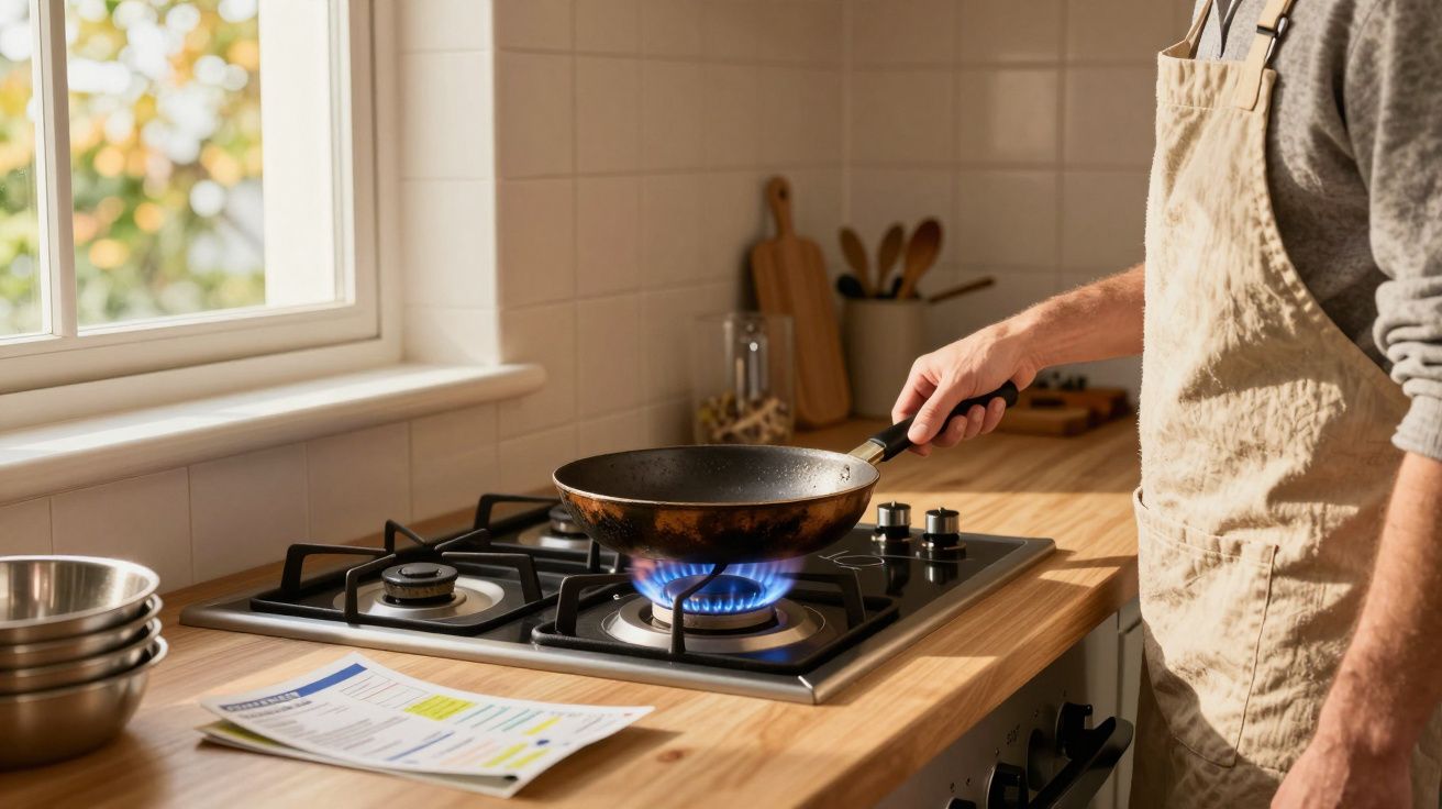 Pessoa segurando frigideira sobre chama de fogão a gás em cozinha iluminada por janela.