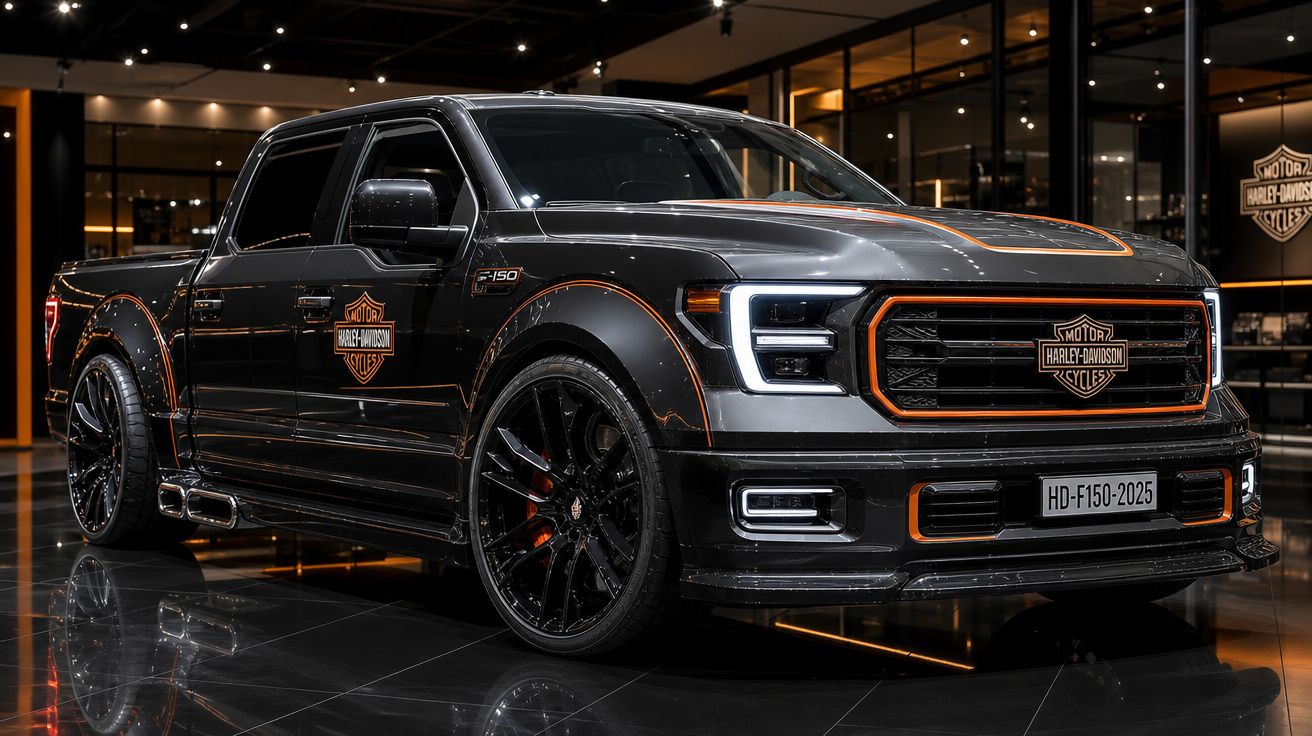 Picape preta Harley-Davidson F-150 2025 com detalhes em laranja em ambiente interno moderno.