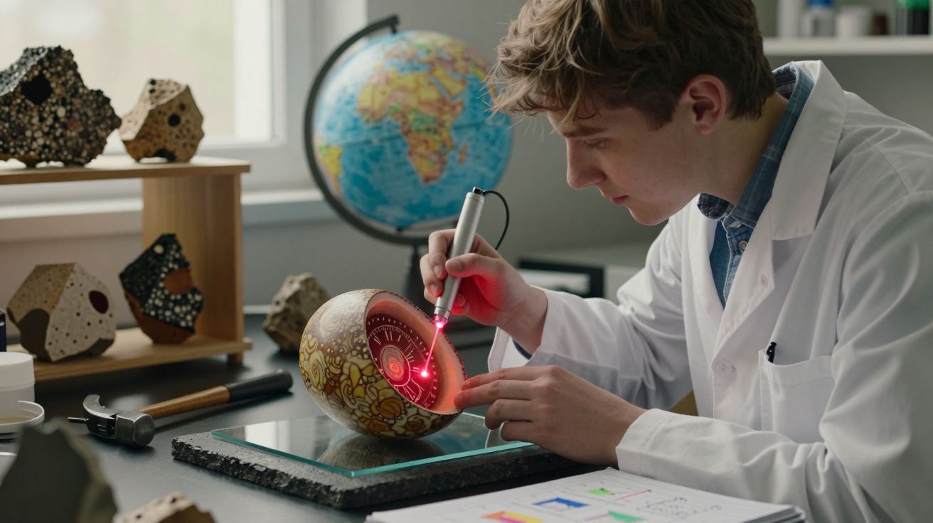 Jovem cientista em jaleco examina objeto decorativo usando laser em laboratório com globo terrestre ao fundo.