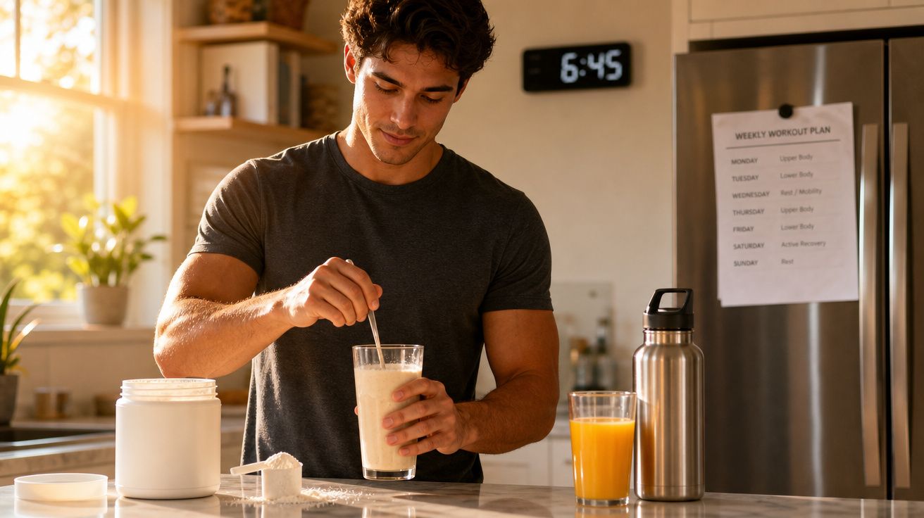 Homem misturando suplemento em pó com liquidificador em copo na cozinha ao amanhecer.