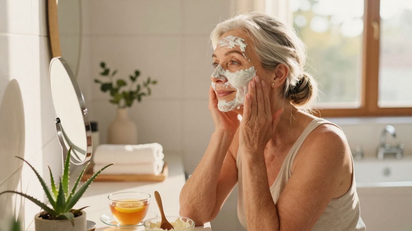 Mulher idosa aplicando máscara facial branca em frente ao espelho no banheiro iluminado.