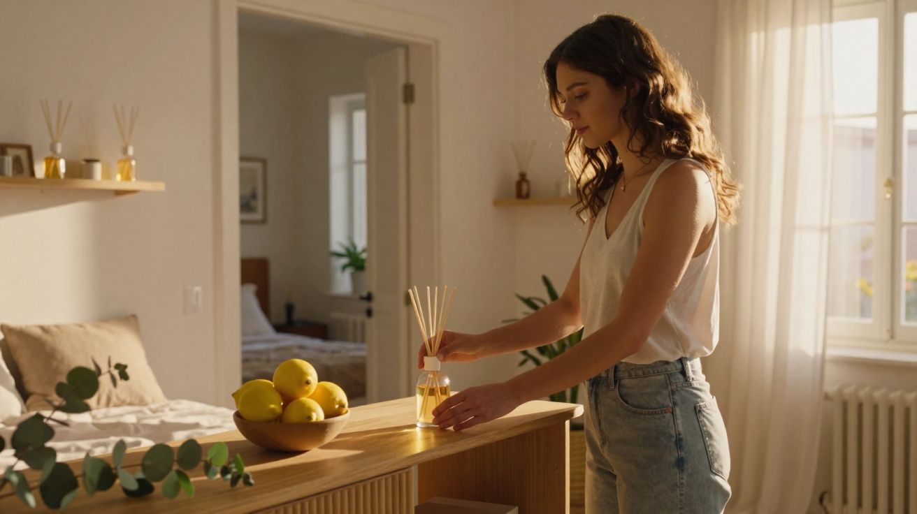 Mulher muda aromatizador em ambiente claro e acolhedor com decoração minimalista e frutas na bancada.