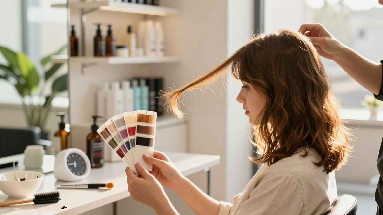 Mulher sentada em salão de beleza analisando amostras de cores de cabelo enquanto cabeleireiro ajusta seu cabelo.