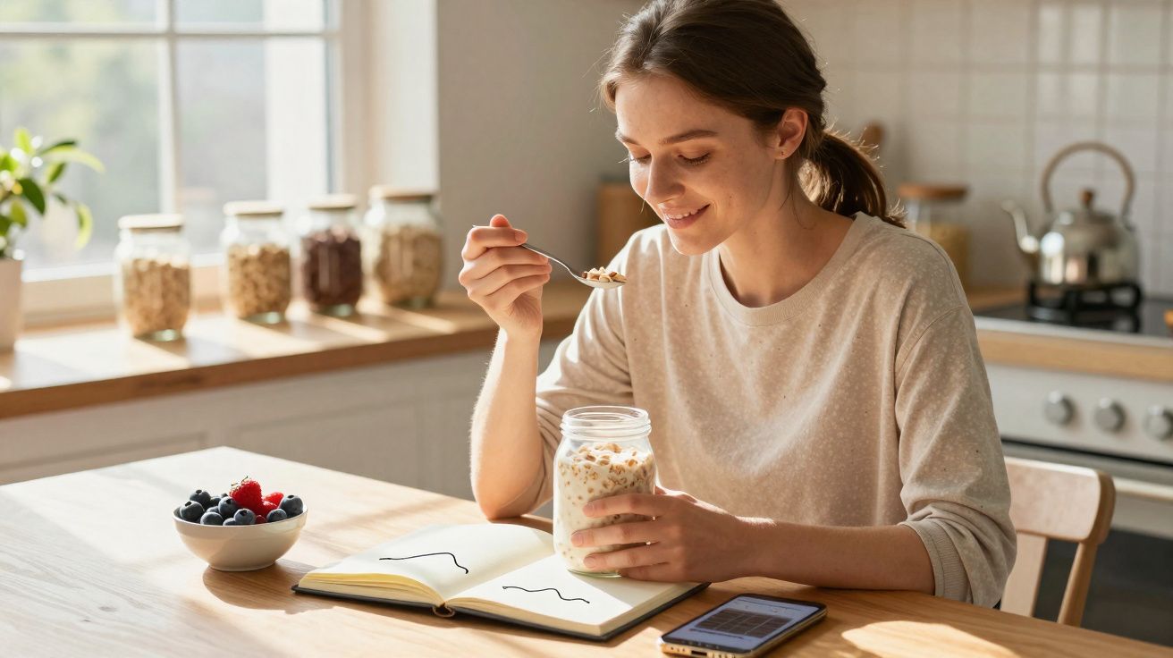 Mulher sorrindo comendo iogurte com granola na cozinha, com livro, celular e tigela de frutas na mesa.