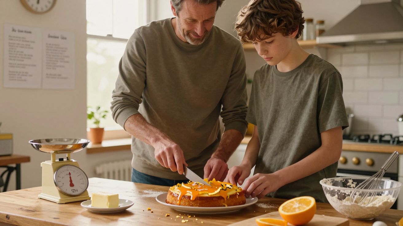 Homem e menino decoram bolo laranja juntos em cozinha iluminada durante o dia.