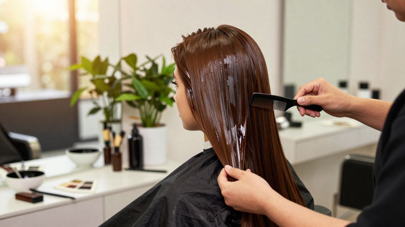 Profissional aplicando produto e penteando cabelo longo de mulher em salão de beleza.