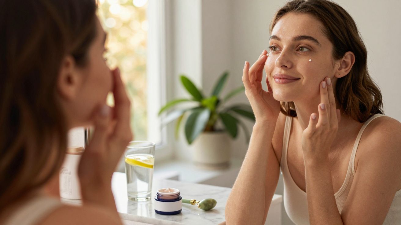 Mulher sorrindo aplicando creme facial em frente ao espelho em ambiente iluminado e decorado com planta.