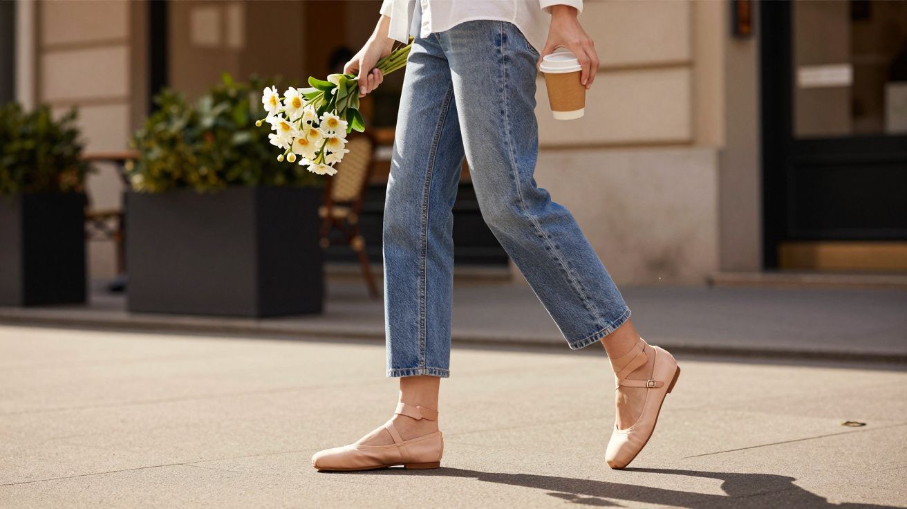Pessoa caminhando com jeans, sapatilhas nude, segurando buquê de flores brancas e copo descartável de café.