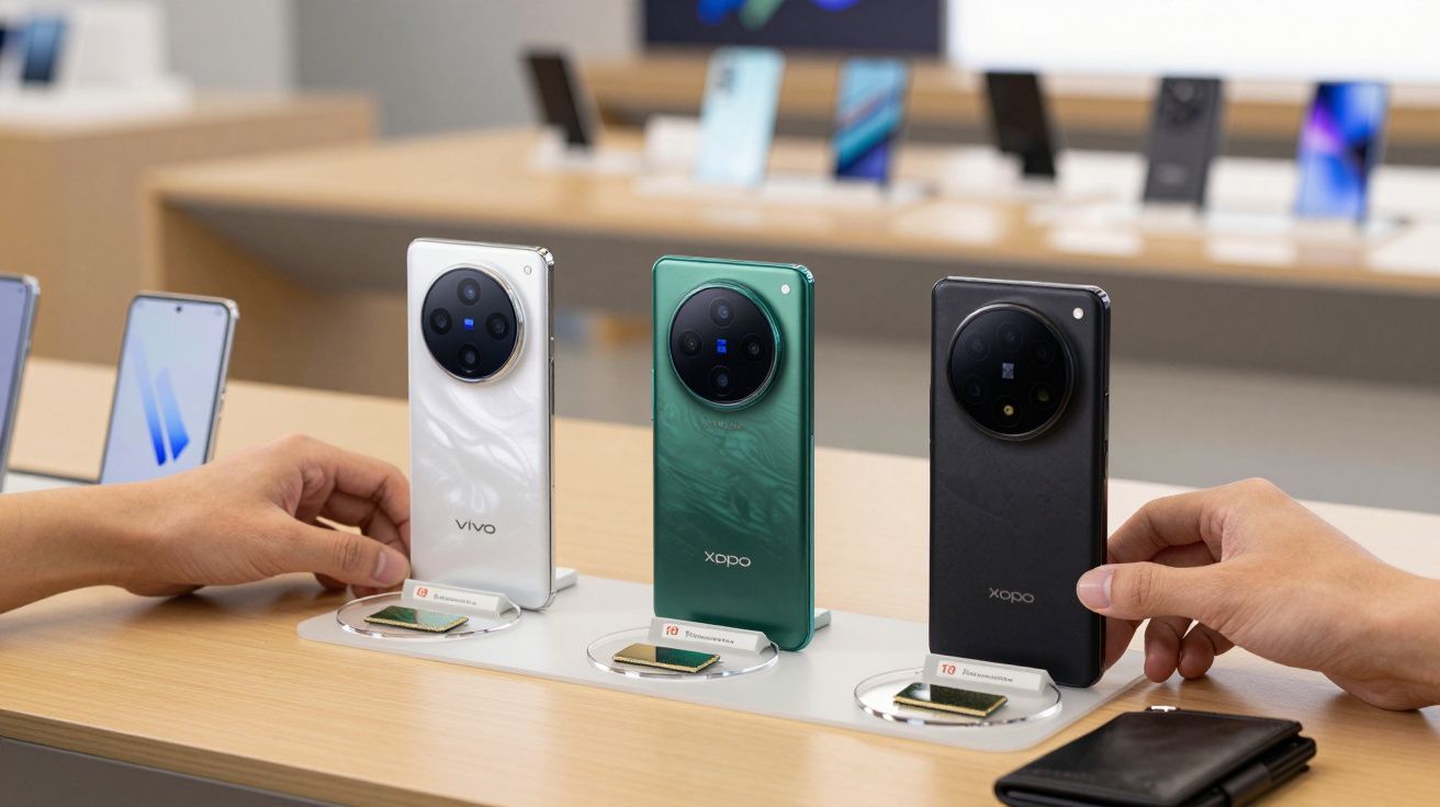 Três smartphones em exibição sobre mesa, sendo um branco Vivo e dois verdes e pretos Xopo, com mãos tocando os aparelhos.