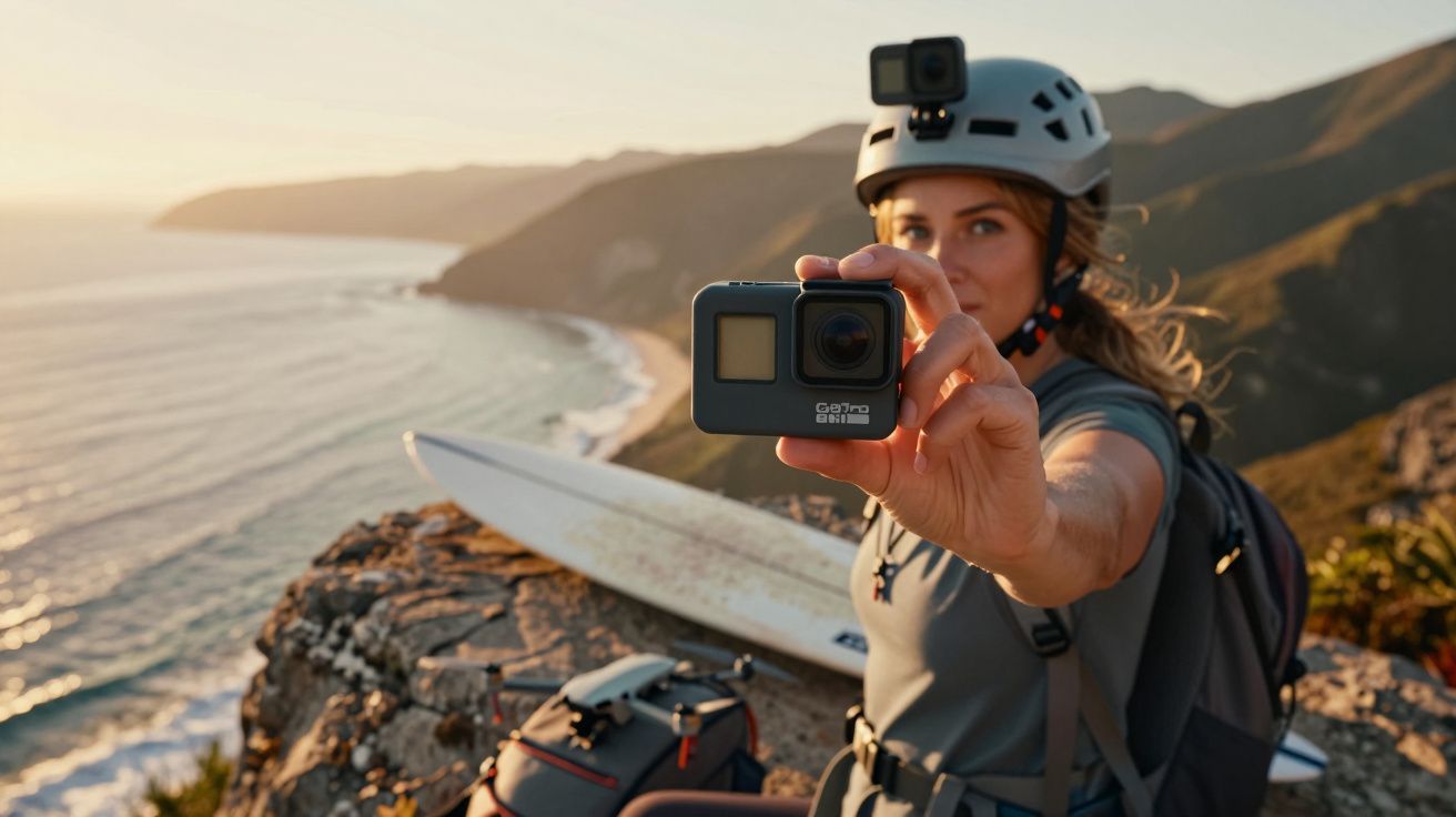 Mulher com capacete segurando câmera GoPro em paisagem costeira ao pôr do sol.