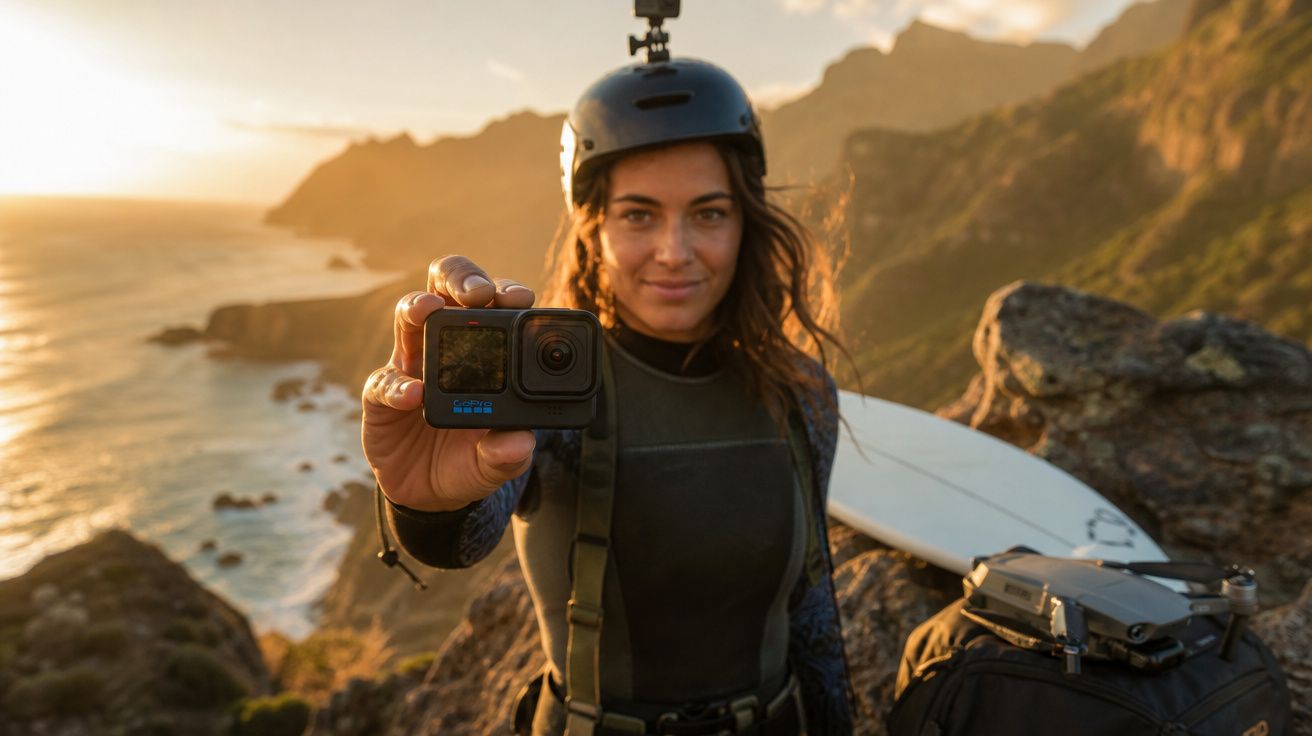 Mulher com capacete e roupa de mergulho segurando câmera GoPro em área costeira ao pôr do sol.