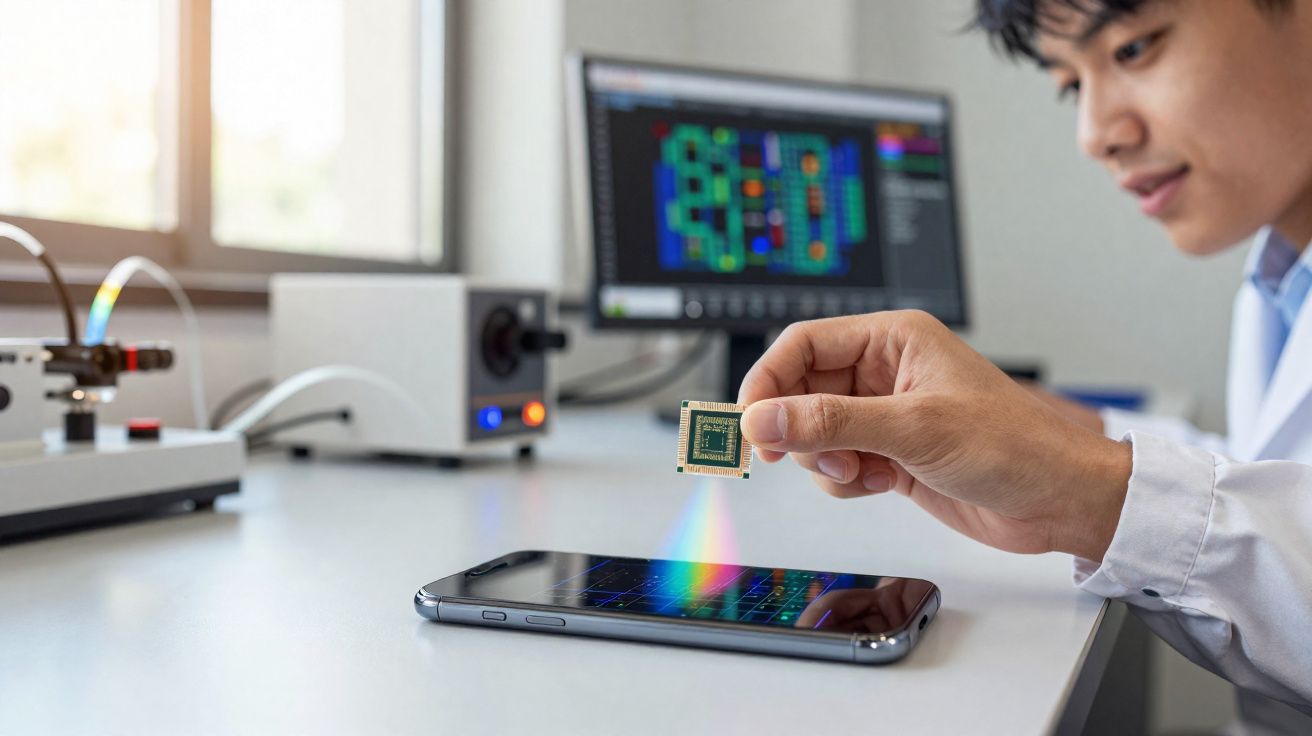 Pessoa segurando chip eletrônico sobre tela de smartphone com holograma colorido em mesa de laboratório.