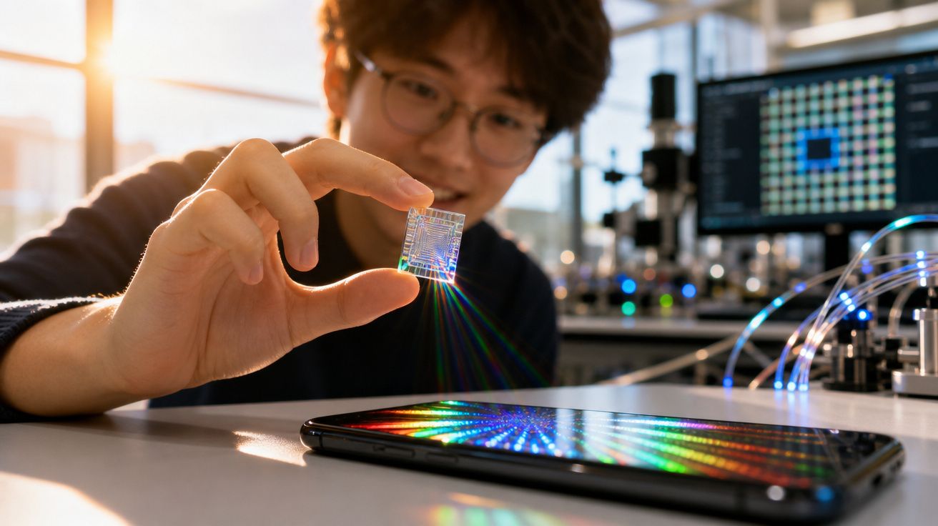 Pessoa segurando um chip transparente que reflete luzes coloridas sobre uma mesa com computador e dispositivos eletrônicos.