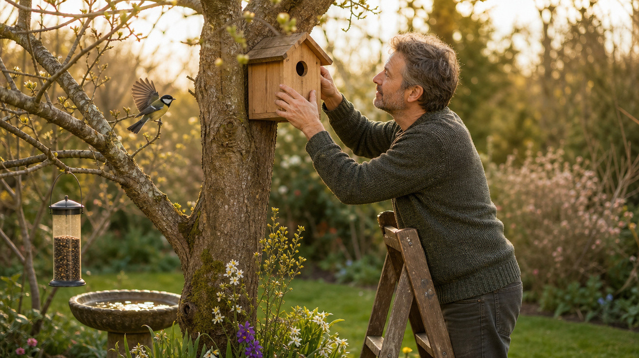 Homem em escada instalando casinha de passarinho em árvore num jardim ao entardecer.