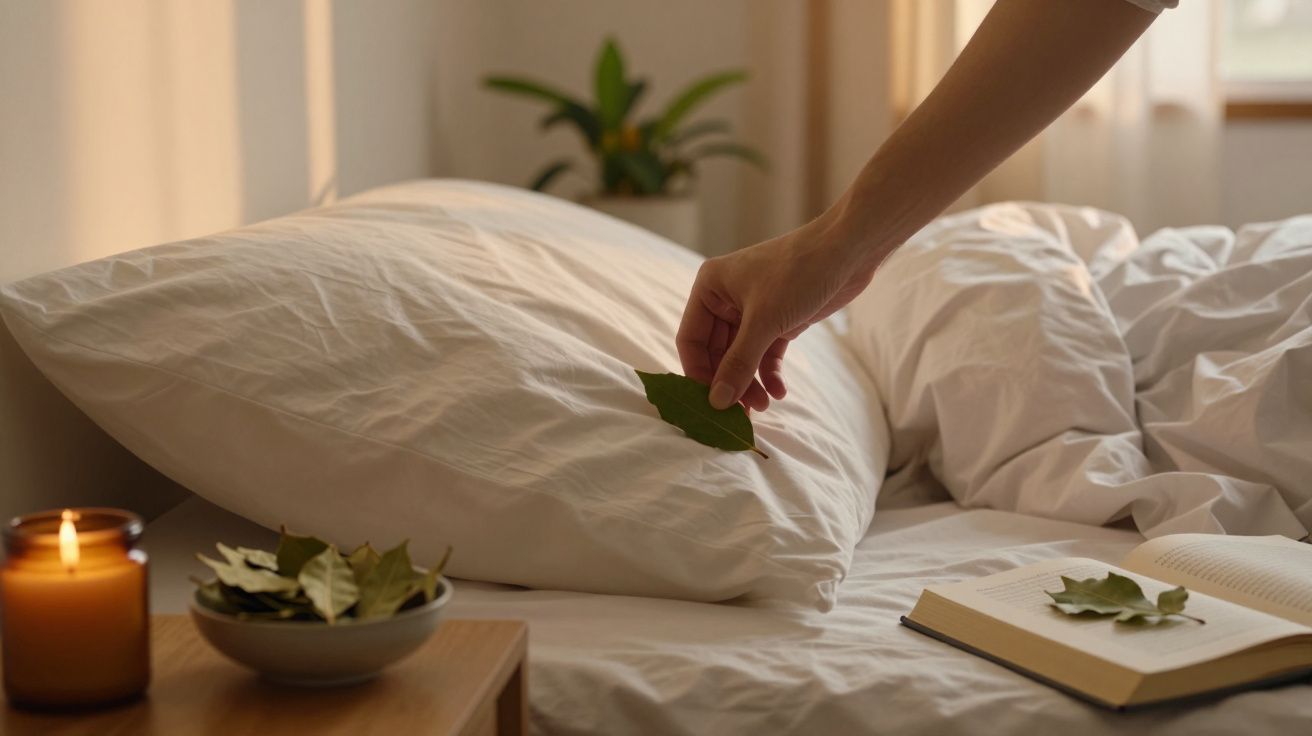 Mão colocando folha verde sobre travesseiro em cama branca com livro, vela acesa e plantas ao fundo.