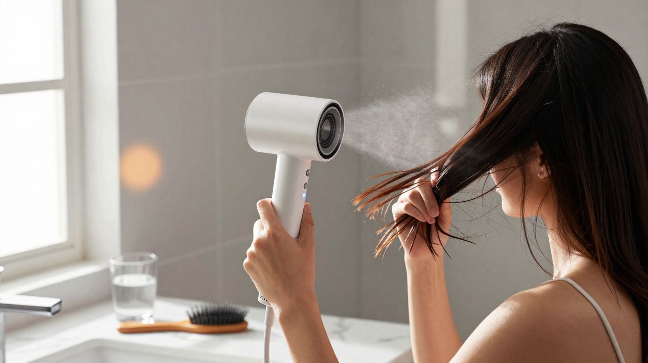 Mulher usando secador branco para secar o cabelo em banheiro com janela e pia ao fundo.