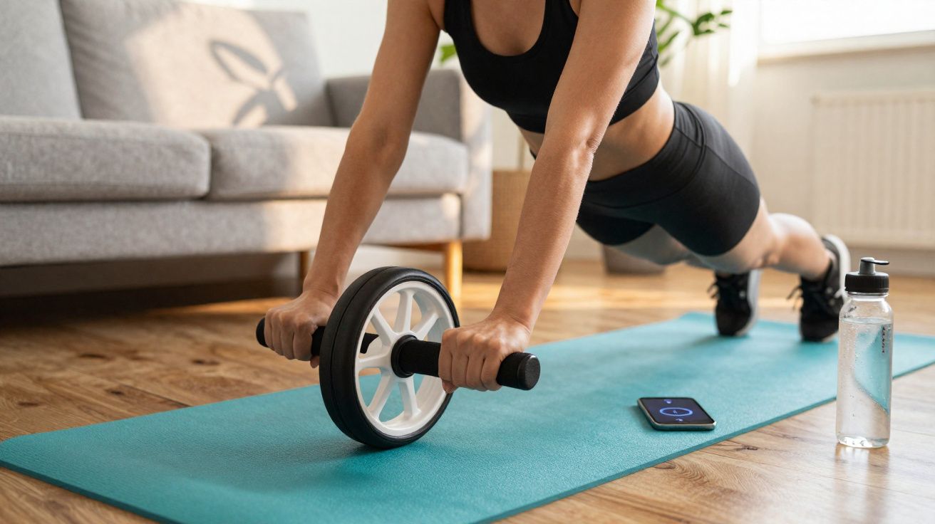 Pessoa usando roda de exercícios para fortalecer braços e abdômen sobre tapete azul em sala de estar.