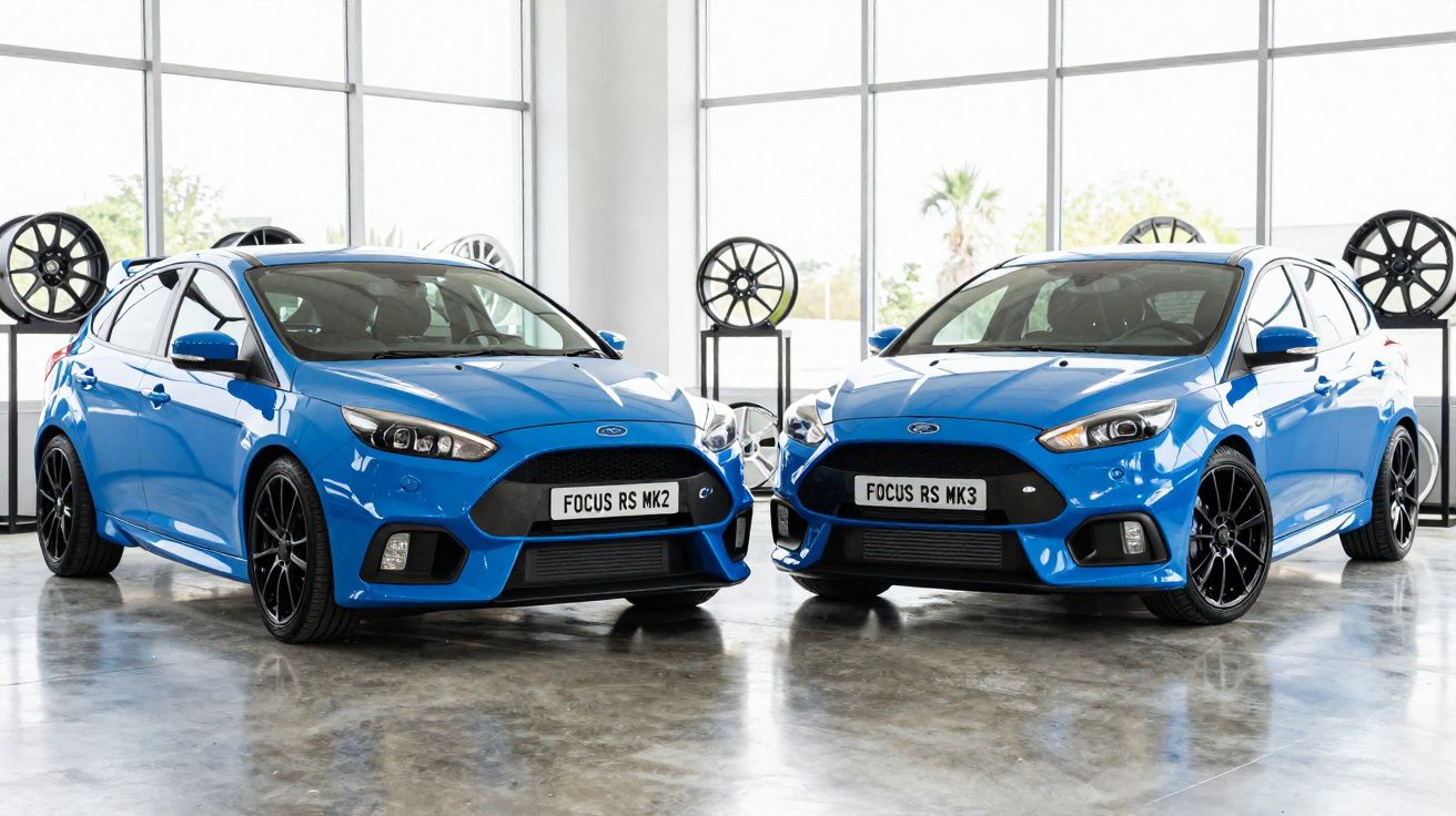 Dois carros esportivos Ford Focus RS azul, modelos MK2 e MK3, expostos em ambiente interno com rodas ao fundo.