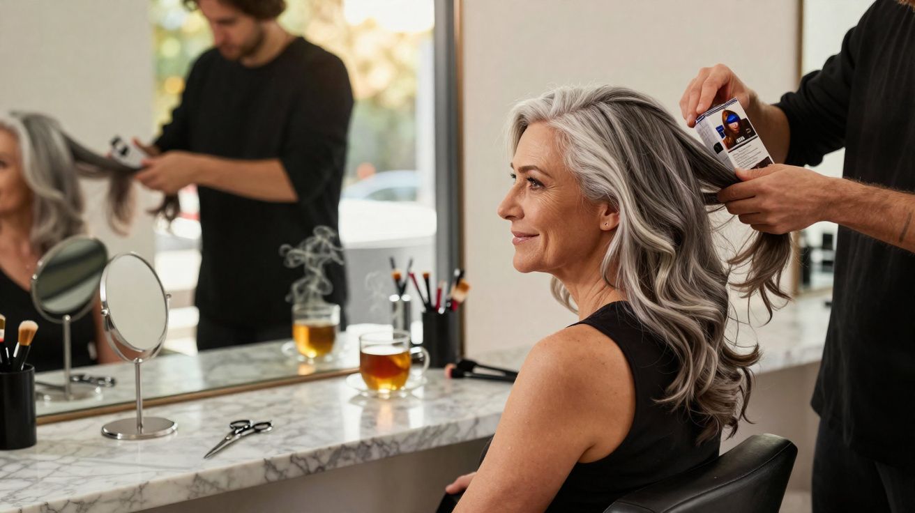 Mulher de cabelos grisalhos sentada em salão enquanto cabeleireiro aplica produto no cabelo dela.