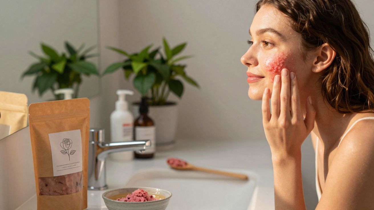 Mulher com vermelhidão no rosto aplicando esfoliante rosa no banheiro.