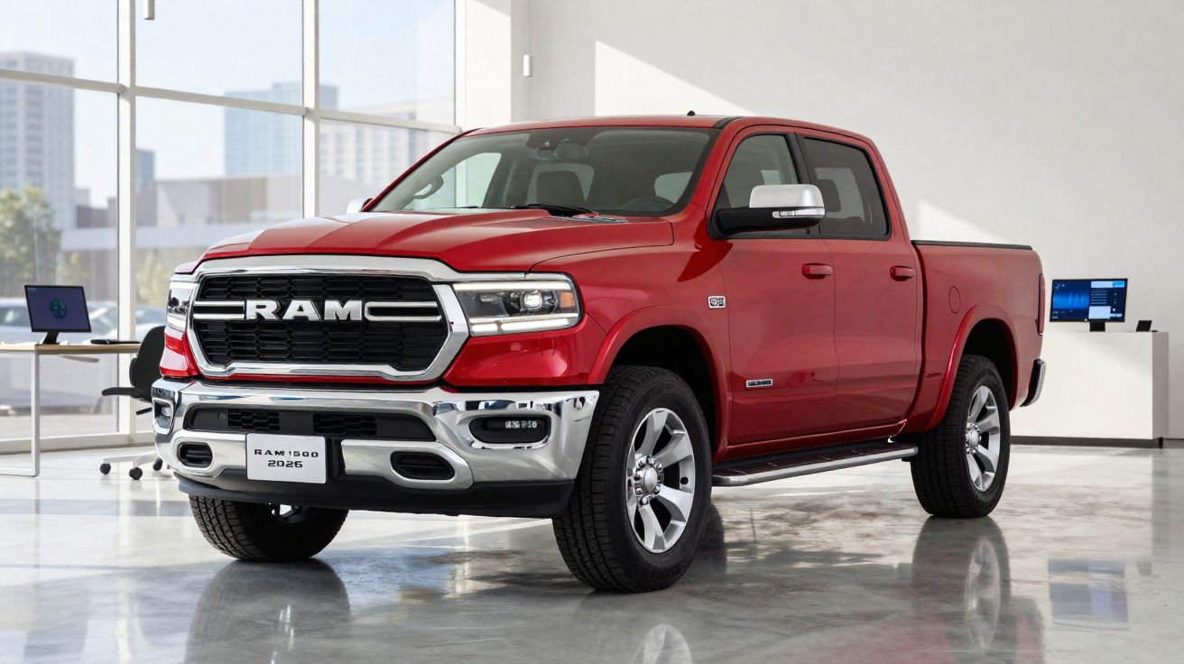 Picape vermelha RAM 1500 2025 em ambiente de showroom moderno e iluminado.
