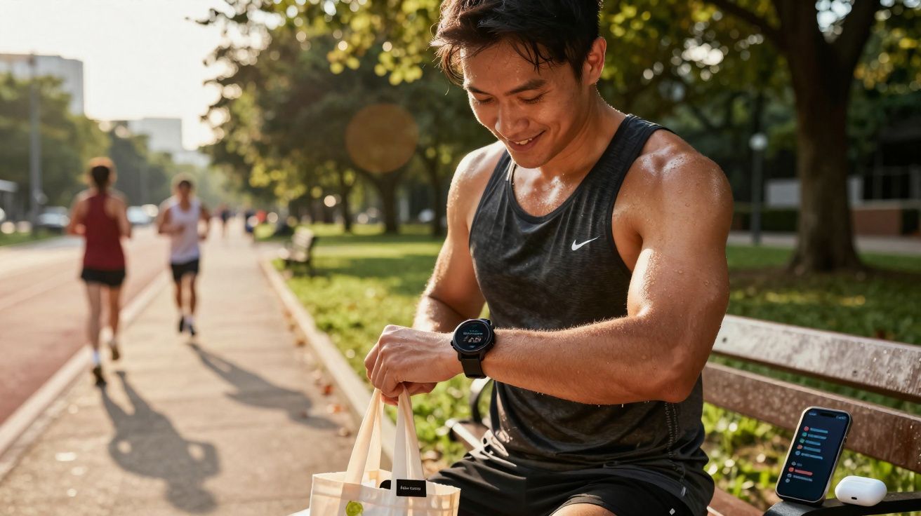 Homem sorridente com regata preta sentado em banco de parque, segurando sacola após corrida ao ar livre.