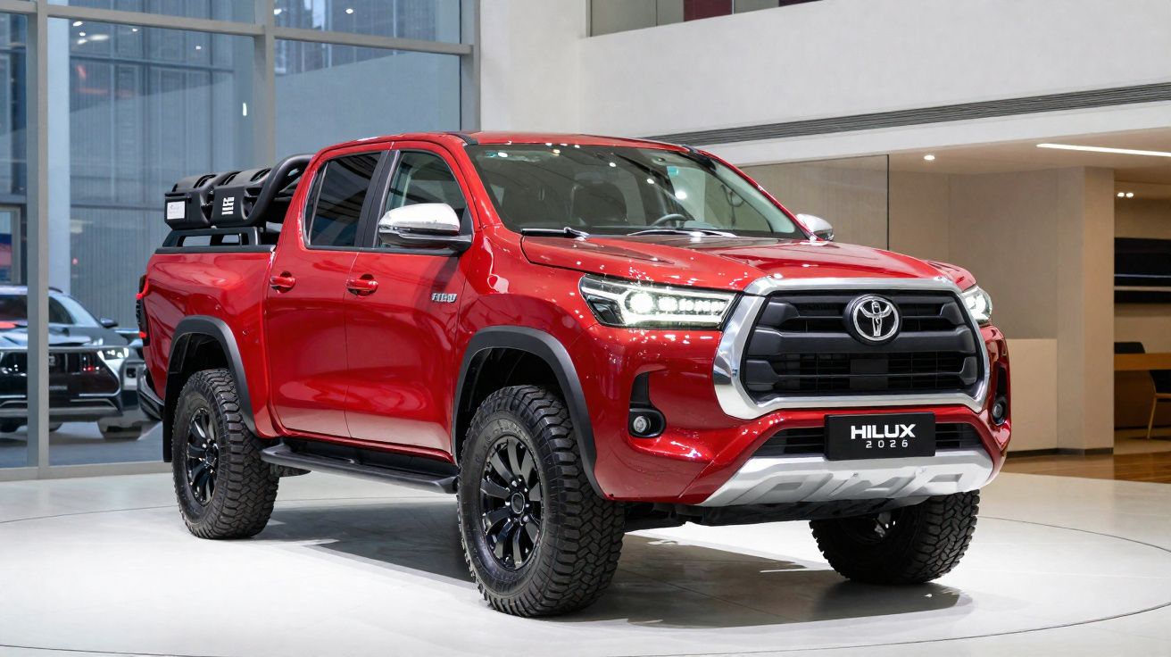 Picape Toyota Hilux 2026 vermelha exposta em showroom moderno com grandes janelas.