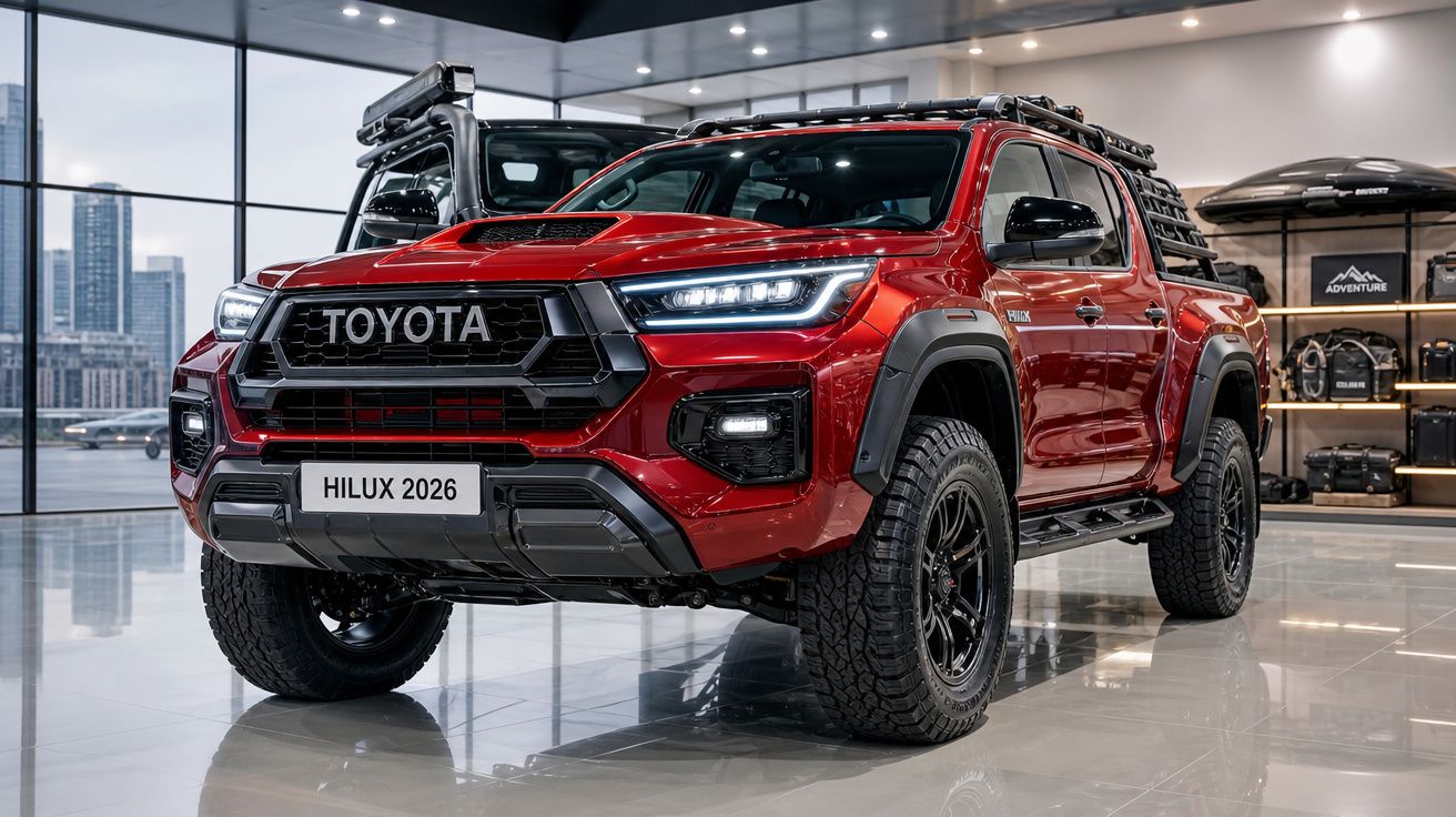 Picape Toyota Hilux 2026 vermelha em exposição interna de concessionária moderna.