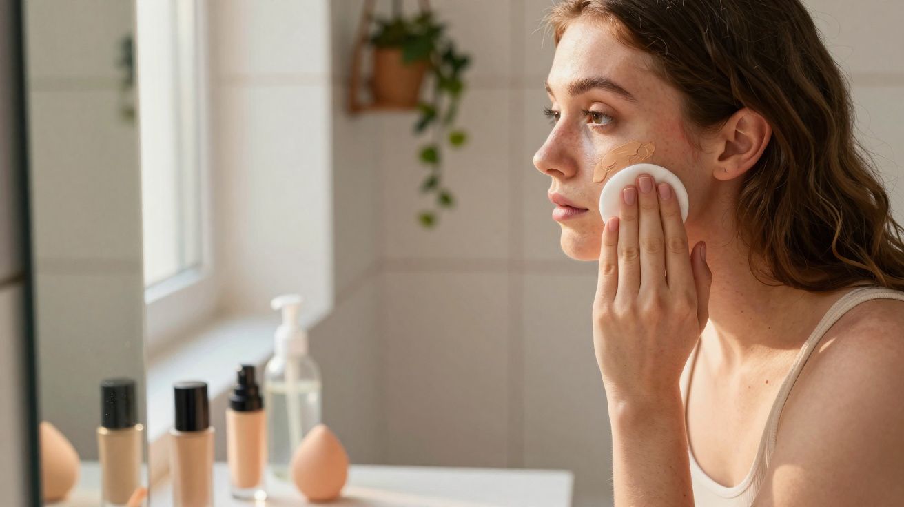 Mulher aplicando base no rosto com esponja branca próxima a espelho e produtos de maquiagem.
