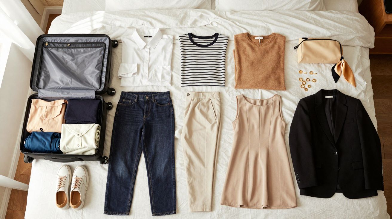 Mala aberta com roupas organizadas sobre cama branca, incluindo calças, blusas, vestido, blazer, sapatos e acessórios.