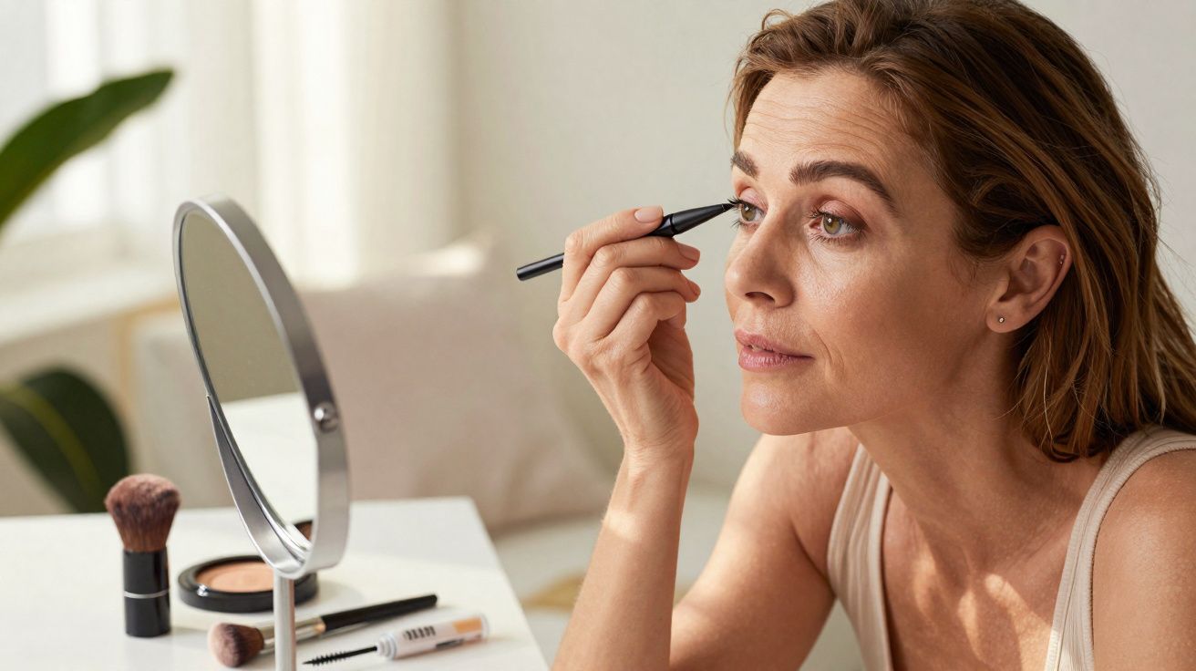 Mulher aplicando delineador nos olhos sentada à mesa com espelho e produtos de maquiagem.