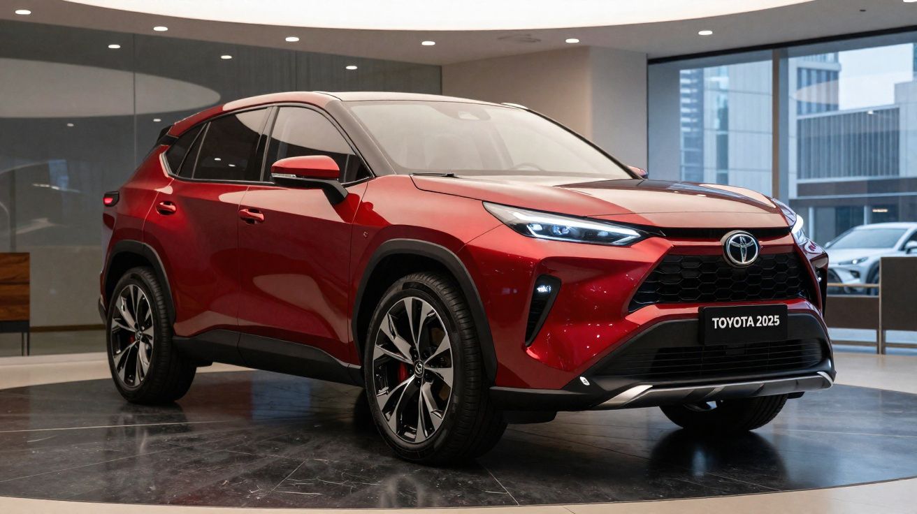 Carro SUV vermelho Toyota 2025 em exposição moderna com iluminação interna e vidro ao fundo.