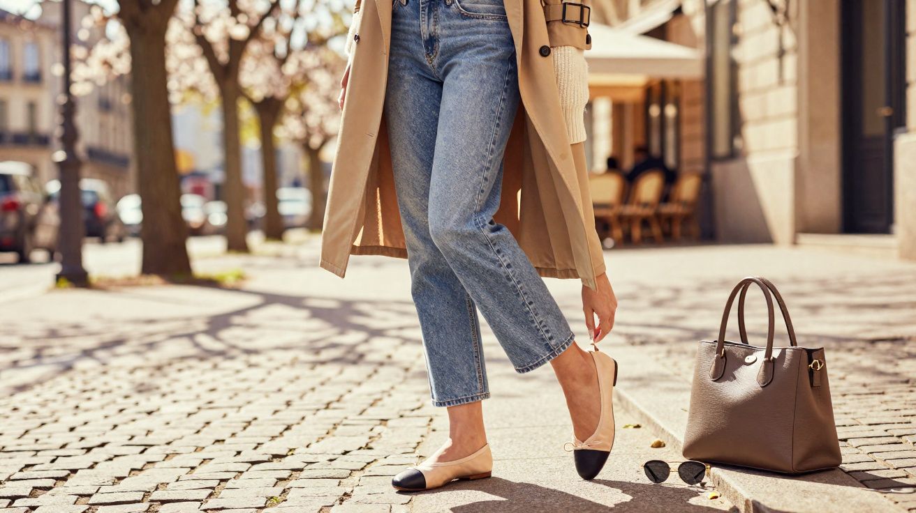 Pessoa vestindo jeans, trench coat e sapatilhas, ajustando o sapato em calçada de rua ensolarada.