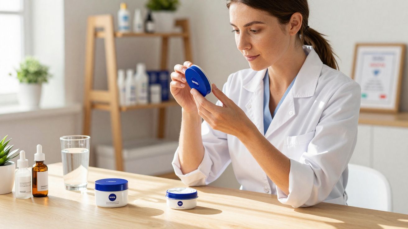 Mulher de jaleco branco avaliando potes de creme Nivea em mesa com frascos e plantas ao fundo.
