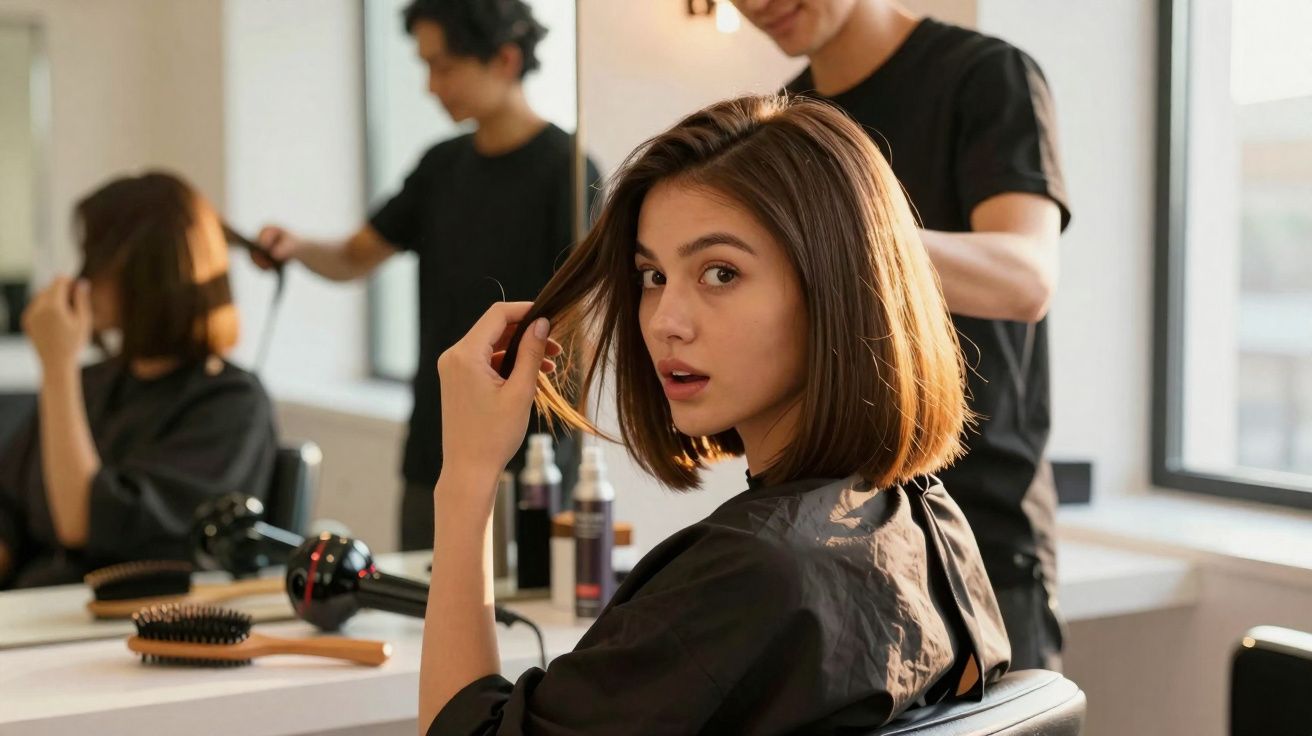 Mulher jovem no salão de beleza com cabelo curto, olha para a câmera enquanto o cabeleireiro ajeita seu cabelo.